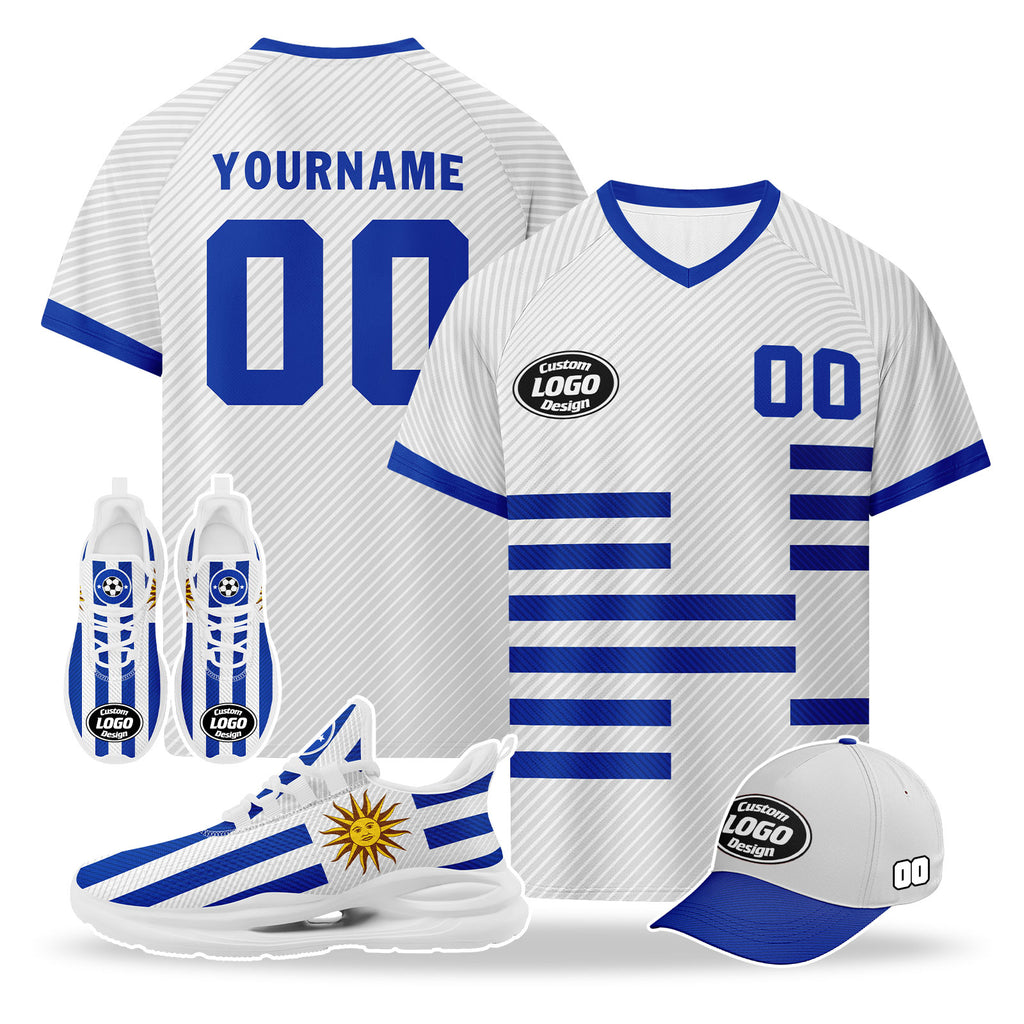 Custom Uruguay 2026 World Cup High Quality Soccer Stadium Version Jersey Sneakers Sports Shoes and Hat Combo Offer Personalized Team Name and Logo ZH-F025155-4