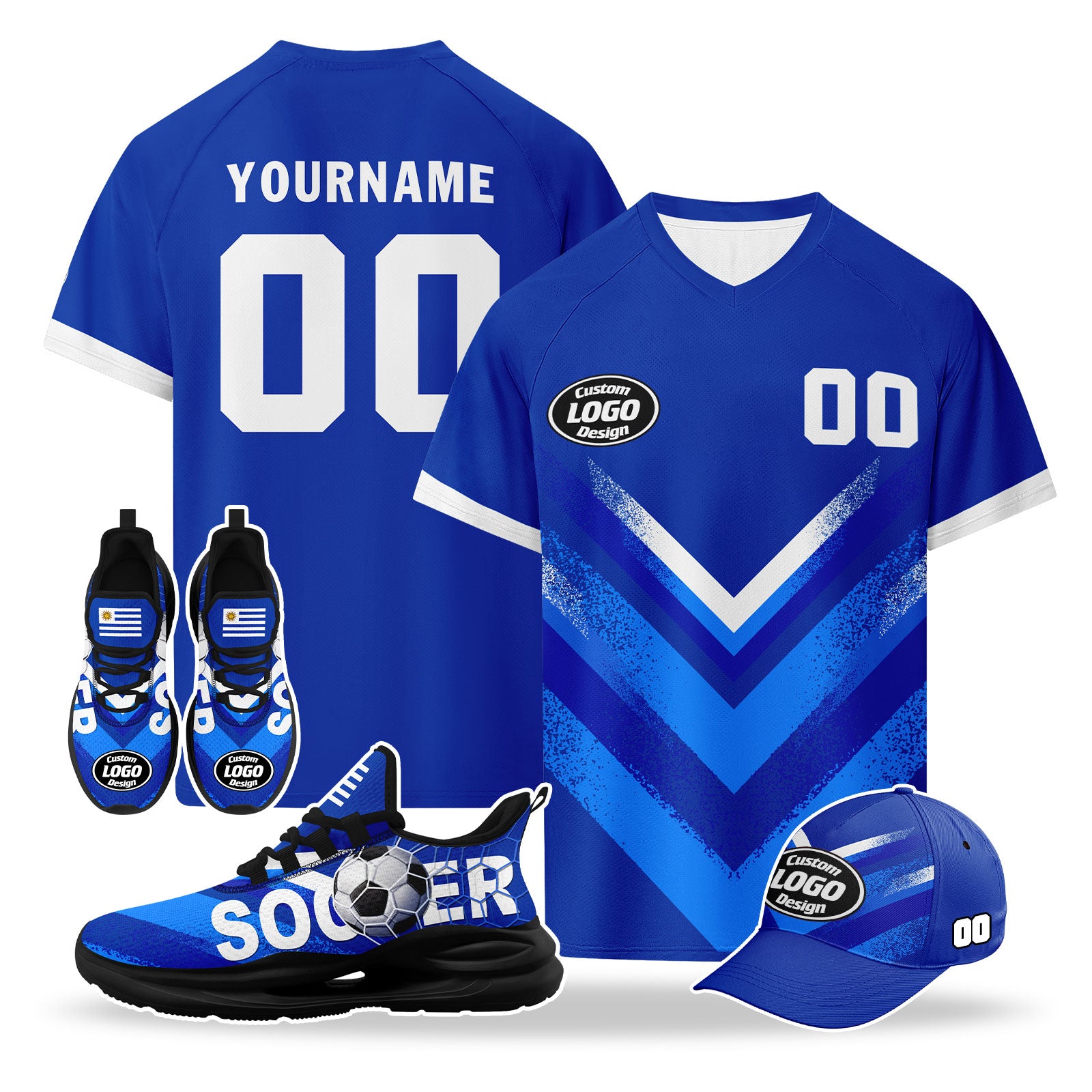 Custom Uruguay 2026 World Cup High Quality Soccer Stadium Version Jersey Sneakers Sports Shoes and Hat Combo Offer Personalized Team Name and Logo ZH-F025155-5