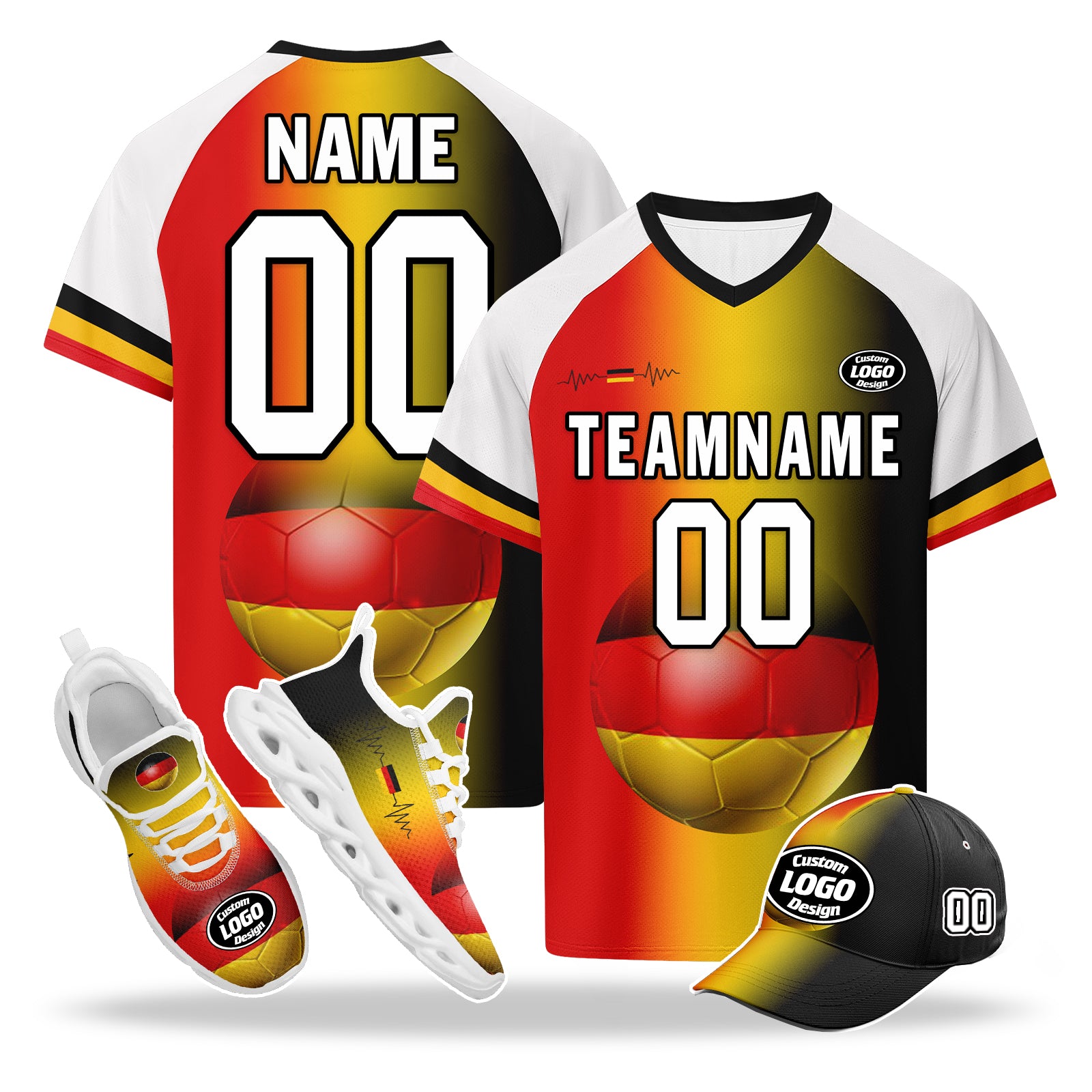 Custom Germany 2026 World Cup High Quality Soccer Stadium Version Jersey Sneakers Sports Shoes and Hat Combo Offer Personalized Team Name and Logo ZH-F028100-10