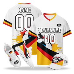 Custom Germany 2026 World Cup High Quality Soccer Stadium Version Jersey Sneakers Sports Shoes and Hat Combo Offer Personalized Team Name and Logo ZH-F028100-1