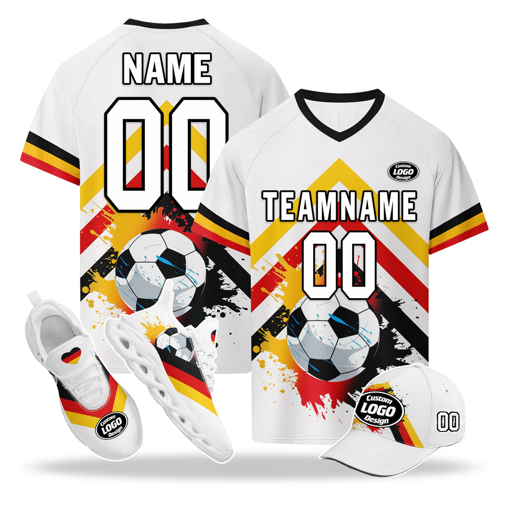 Custom Germany 2026 World Cup High Quality Soccer Stadium Version Jersey Sneakers Sports Shoes and Hat Combo Offer Personalized Team Name and Logo ZH-F028100-3