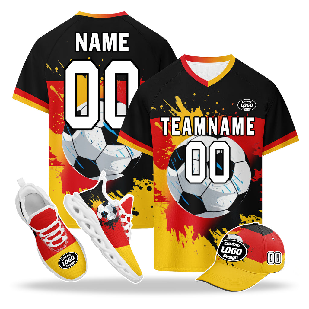 Custom Germany 2026 World Cup High Quality Soccer Stadium Version Jersey Sneakers Sports Shoes and Hat Combo Offer Personalized Team Name and Logo ZH-F028100-4