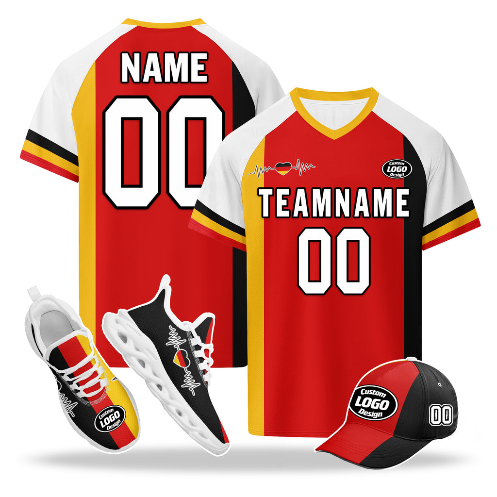 Custom Germany 2026 World Cup High Quality Soccer Stadium Version Jersey Sneakers Sports Shoes and Hat Combo Offer Personalized Team Name and Logo ZH-F028100-5