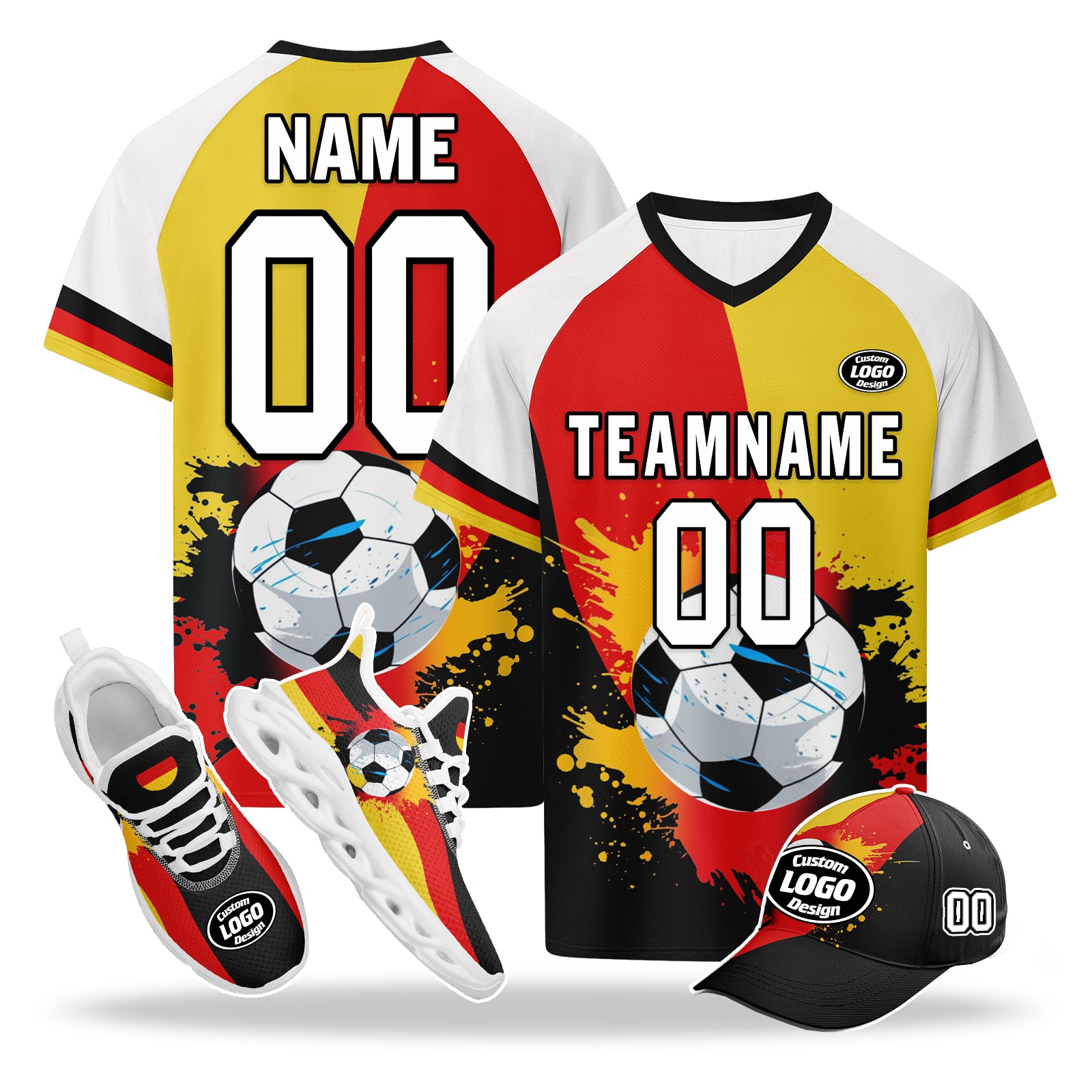Custom Germany 2026 World Cup High Quality Soccer Stadium Version Jersey Sneakers Sports Shoes and Hat Combo Offer Personalized Team Name and Logo ZH-F028100-6