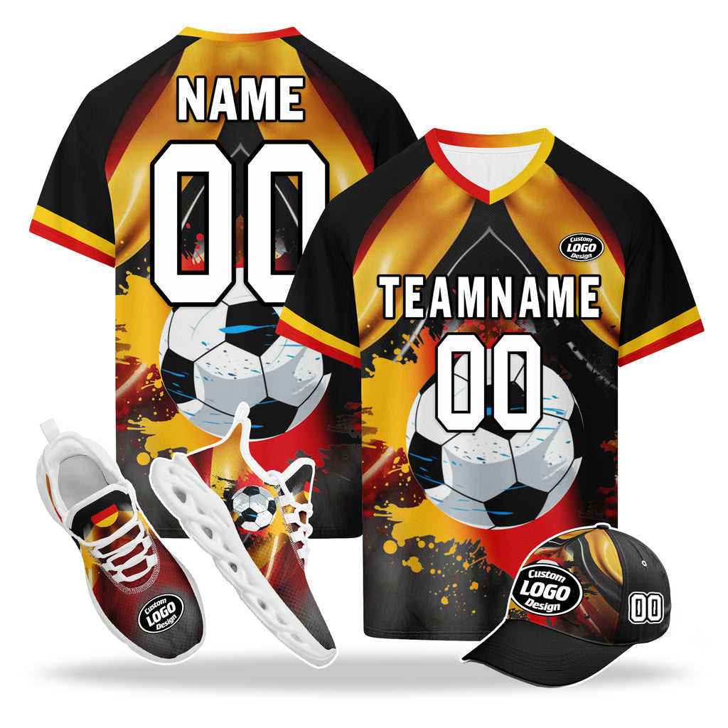 Custom Germany 2026 World Cup High Quality Soccer Stadium Version Jersey Sneakers Sports Shoes and Hat Combo Offer Personalized Team Name and Logo ZH-F028100-7