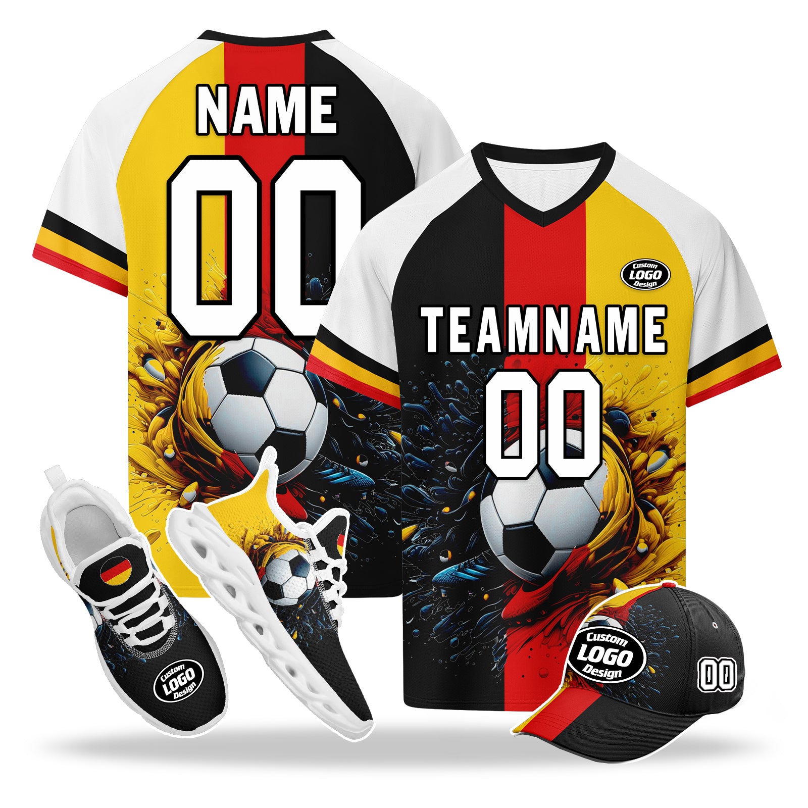 Custom Germany 2026 World Cup High Quality Soccer Stadium Version Jersey Sneakers Sports Shoes and Hat Combo Offer Personalized Team Name and Logo ZH-F028100-8