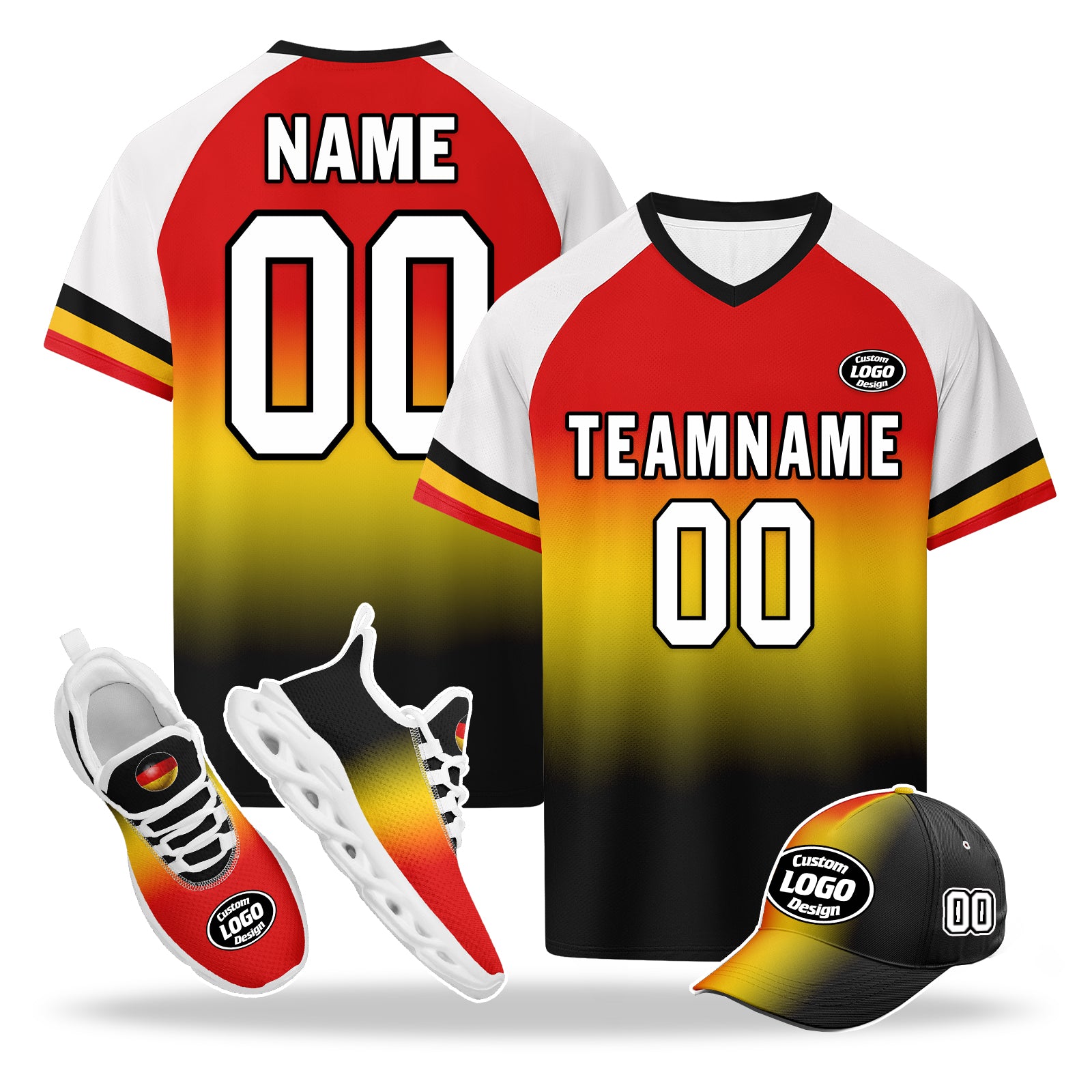 Custom Germany 2026 World Cup High Quality Soccer Stadium Version Jersey Sneakers Sports Shoes and Hat Combo Offer Personalized Team Name and Logo ZH-F028100-9