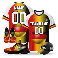 Custom Germany 2026 World Cup High Quality Soccer Stadium Version Jersey Sneakers Sports Shoes and Hat Combo Offer Personalized Team Name and Logo ZH-F028102-10