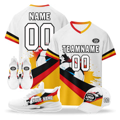 Custom Germany 2026 World Cup High Quality Soccer Stadium Version Jersey Sneakers Sports Shoes and Hat Combo Offer Personalized Team Name and Logo ZH-F028102-1