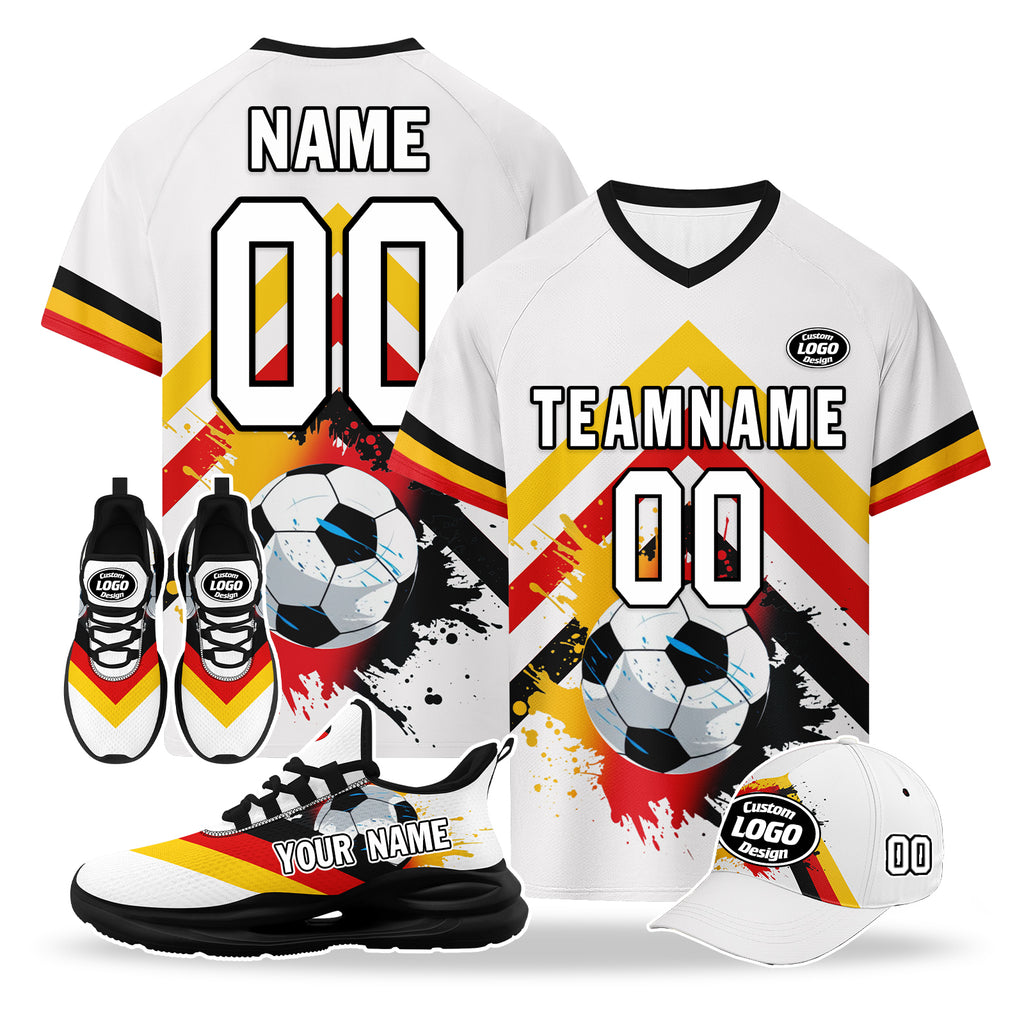 Custom Germany 2026 World Cup High Quality Soccer Stadium Version Jersey Sneakers Sports Shoes and Hat Combo Offer Personalized Team Name and Logo ZH-F028102-3