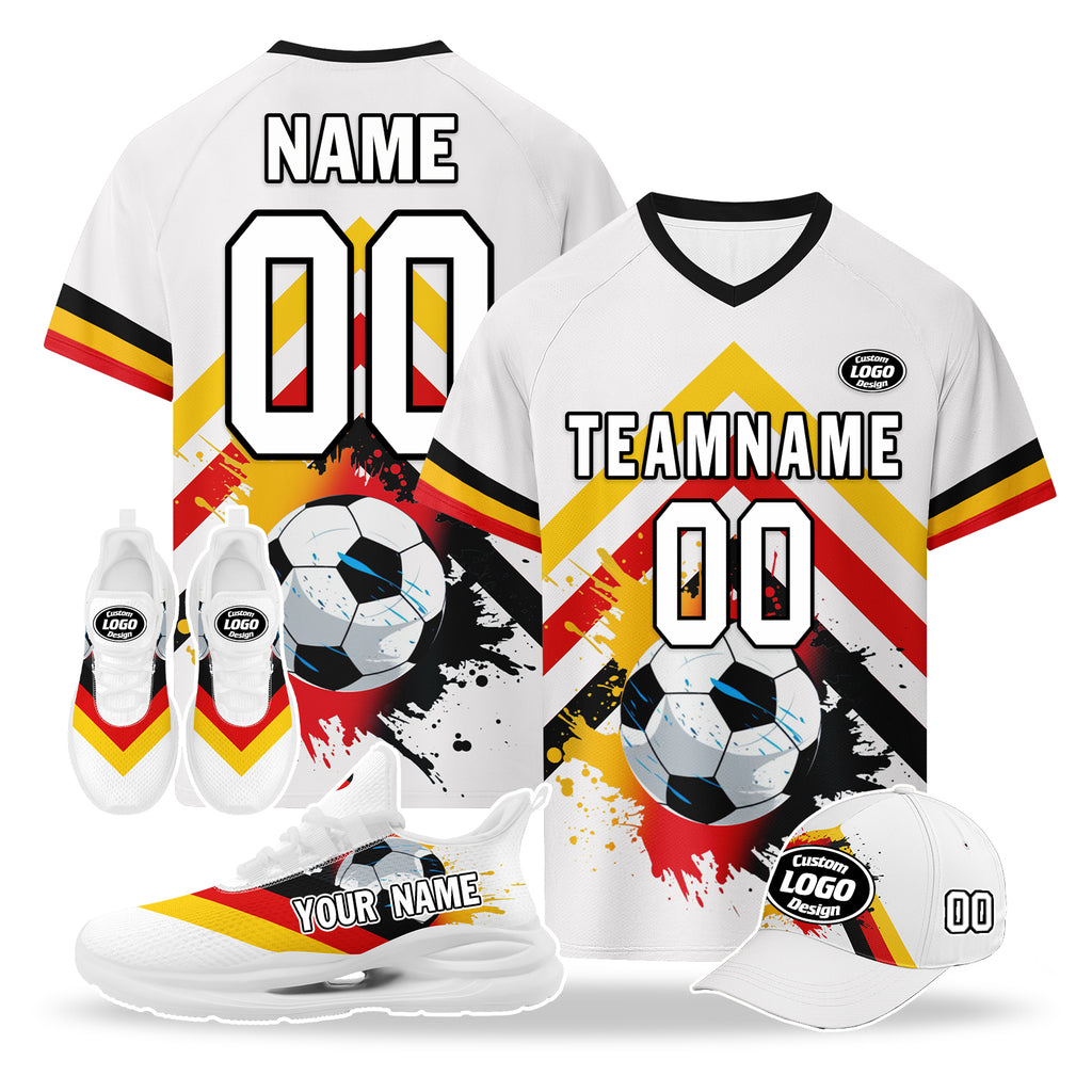 Custom Germany 2026 World Cup High Quality Soccer Stadium Version Jersey Sneakers Sports Shoes and Hat Combo Offer Personalized Team Name and Logo ZH-F028102-3