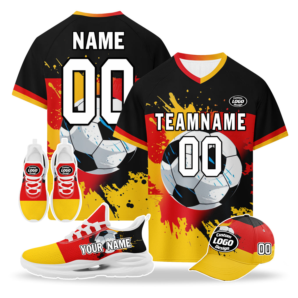 Custom Germany 2026 World Cup High Quality Soccer Stadium Version Jersey Sneakers Sports Shoes and Hat Combo Offer Personalized Team Name and Logo ZH-F028102-4