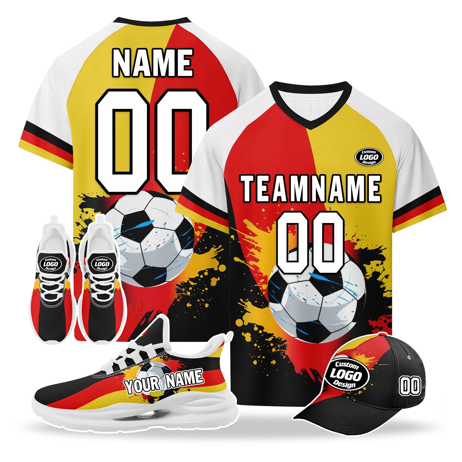 Custom Germany 2026 World Cup High Quality Soccer Stadium Version Jersey Sneakers Sports Shoes and Hat Combo Offer Personalized Team Name and Logo ZH-F028102-6