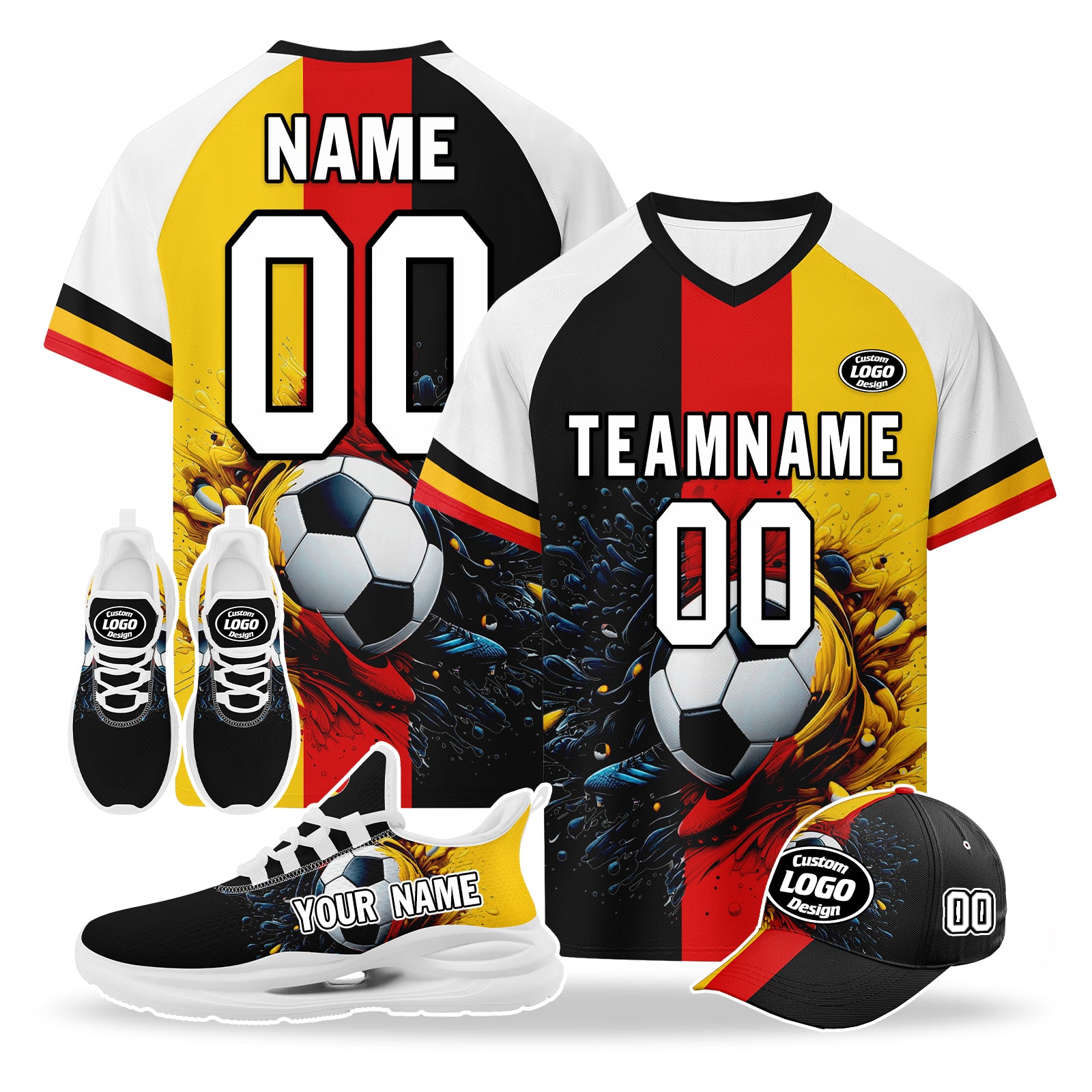 Custom Germany 2026 World Cup High Quality Soccer Stadium Version Jersey Sneakers Sports Shoes and Hat Combo Offer Personalized Team Name and Logo ZH-F028102-8