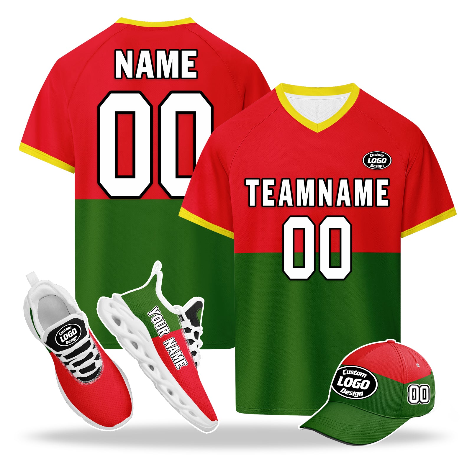 Custom Portugal 2026 World Cup High Quality Soccer Stadium Version Jersey Sneakers Sports Shoes and Hat Combo Offer Personalized Team Name and Logo ZH-F028104-1