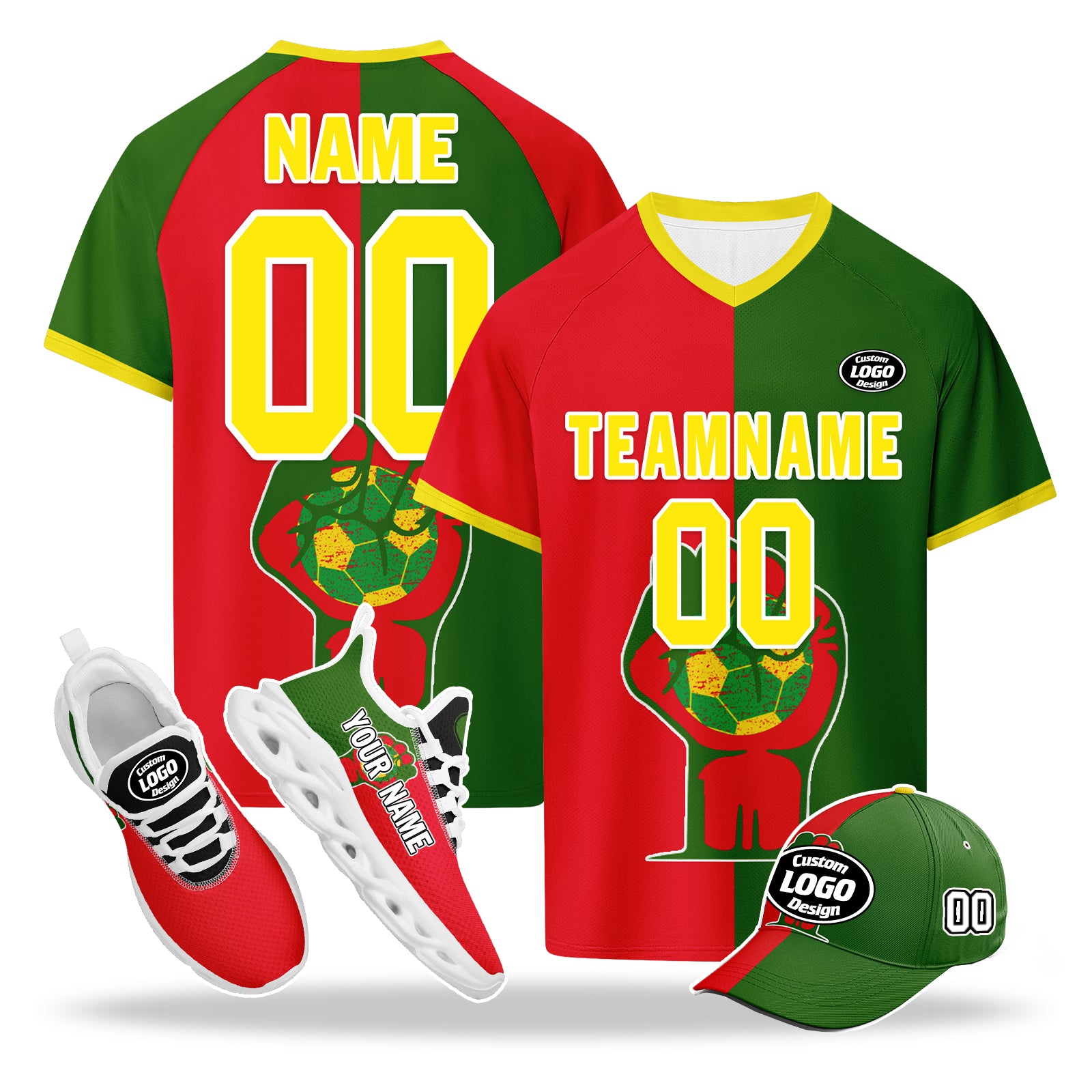 Custom Portugal 2026 World Cup High Quality Soccer Stadium Version Jersey Sneakers Sports Shoes and Hat Combo Offer Personalized Team Name and Logo ZH-F028104-2