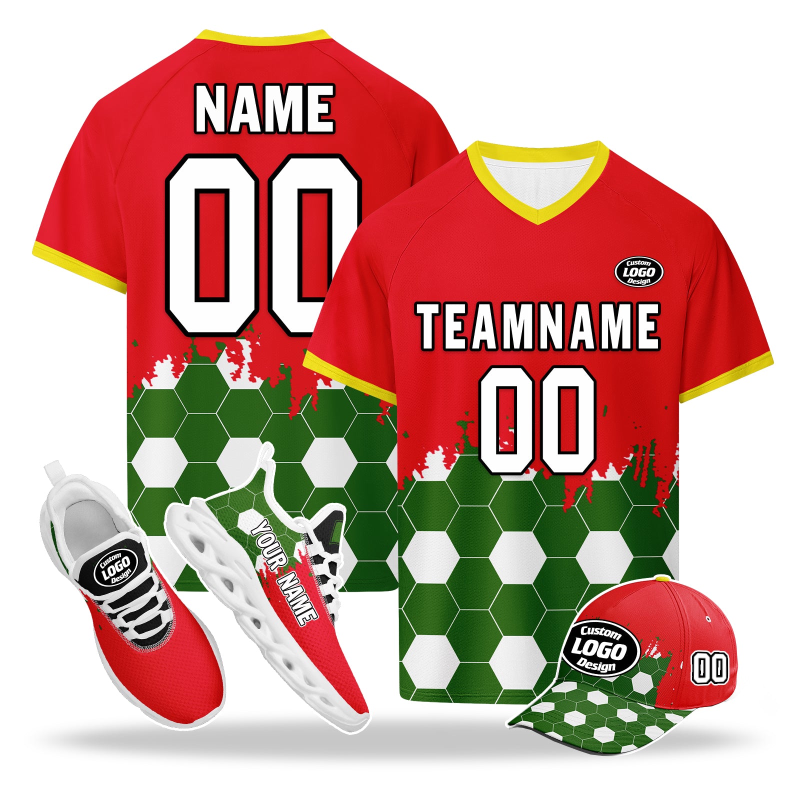 Custom Portugal 2026 World Cup High Quality Soccer Stadium Version Jersey Sneakers Sports Shoes and Hat Combo Offer Personalized Team Name and Logo ZH-F028104-4