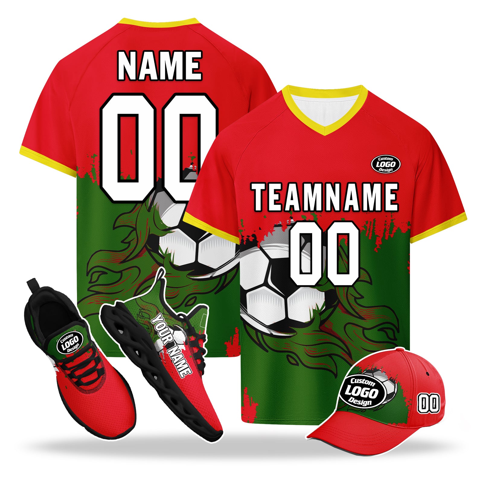 Custom Portugal 2026 World Cup High Quality Soccer Stadium Version Jersey Sneakers Sports Shoes and Hat Combo Offer Personalized Team Name and Logo ZH-F028104-5