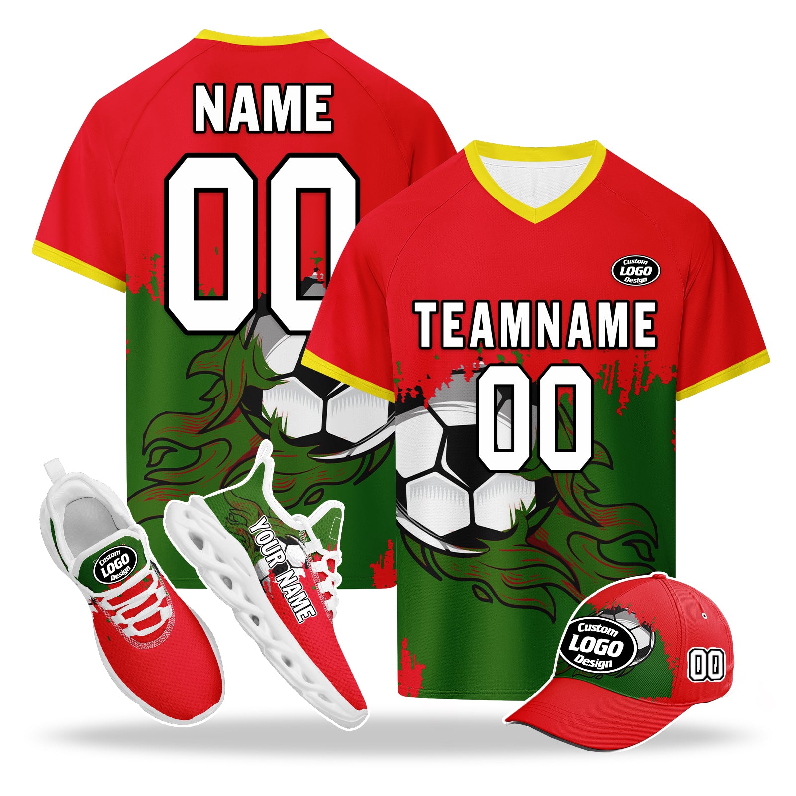 Custom Portugal 2026 World Cup High Quality Soccer Stadium Version Jersey Sneakers Sports Shoes and Hat Combo Offer Personalized Team Name and Logo ZH-F028104-5