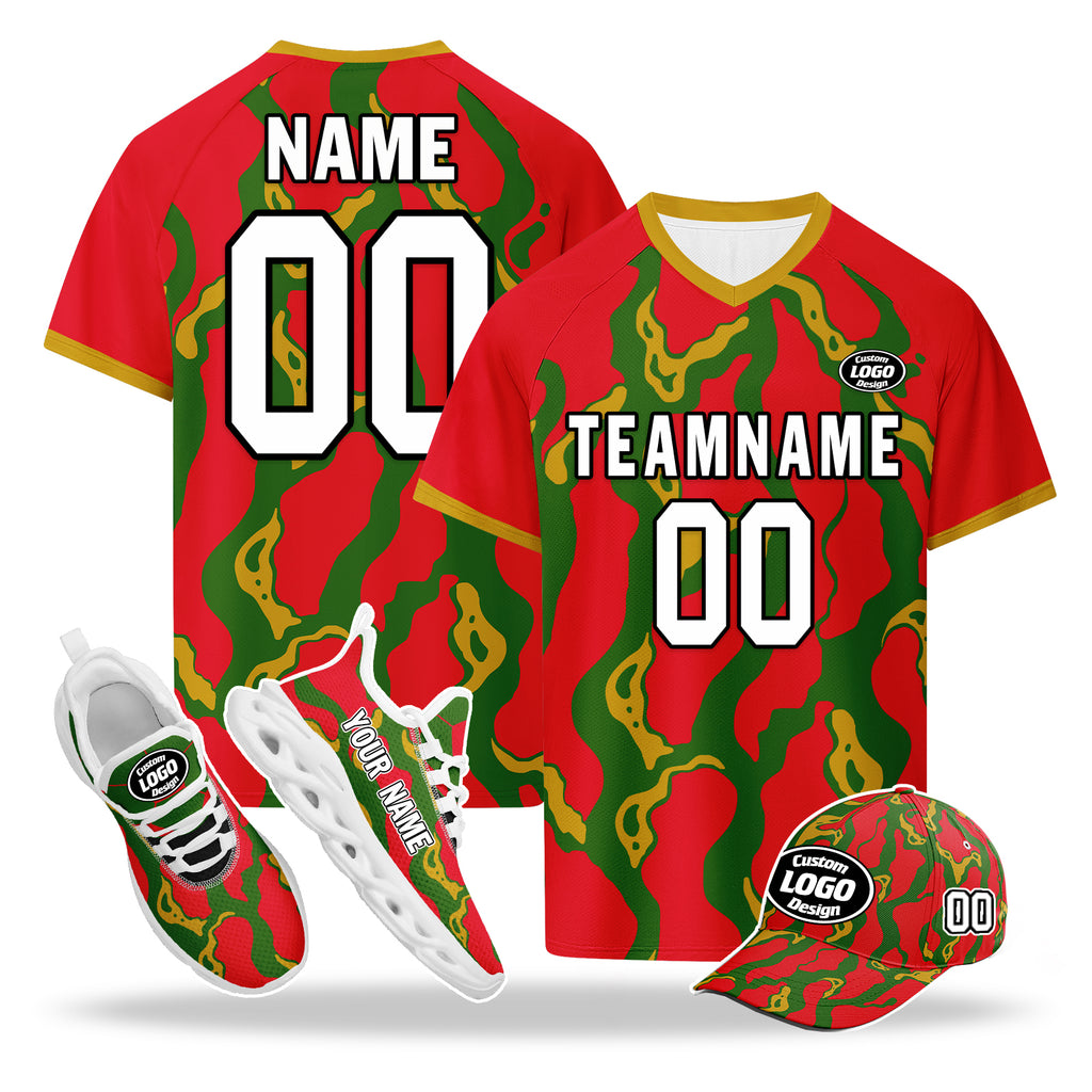 Custom Portugal 2026 World Cup High Quality Soccer Stadium Version Jersey Sneakers Sports Shoes and Hat Combo Offer Personalized Team Name and Logo ZH-F028104-6
