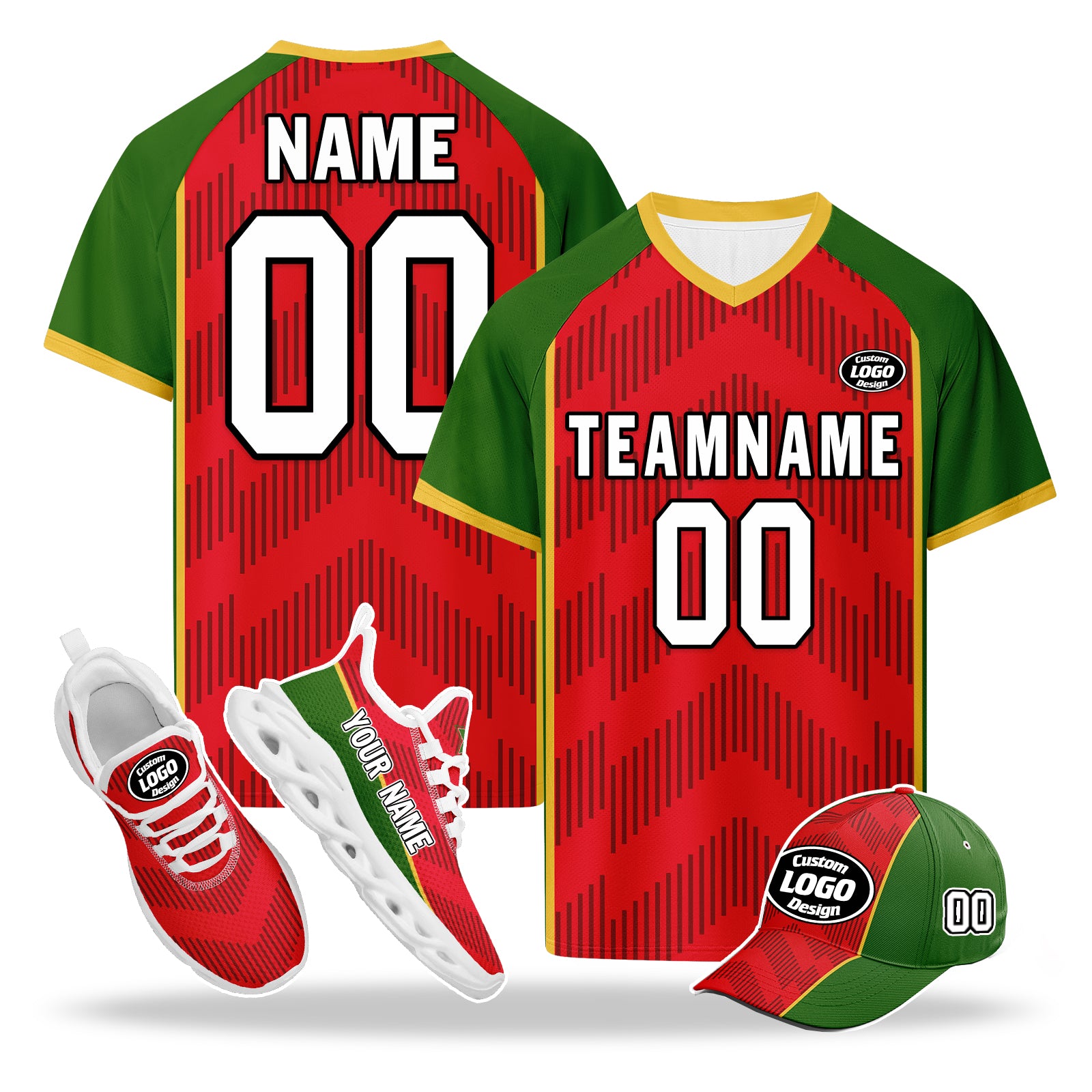Custom Portugal 2026 World Cup High Quality Soccer Stadium Version Jersey Sneakers Sports Shoes and Hat Combo Offer Personalized Team Name and Logo ZH-F028104-9