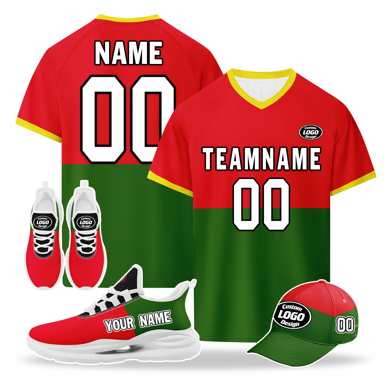 Custom Portugal 2026 World Cup High Quality Soccer Stadium Version Jersey Sneakers Sports Shoes and Hat Combo Offer Personalized Team Name and Logo ZH-F028106-1