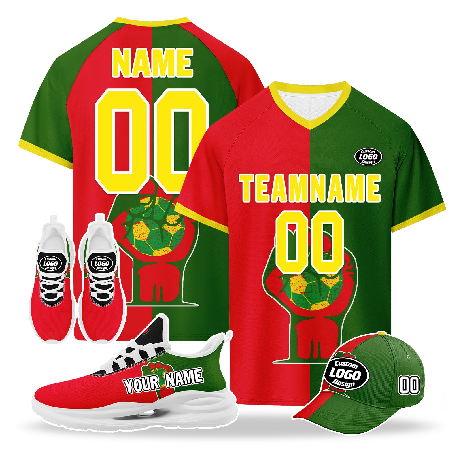Custom Portugal 2026 World Cup High Quality Soccer Stadium Version Jersey Sneakers Sports Shoes and Hat Combo Offer Personalized Team Name and Logo ZH-F028106-2