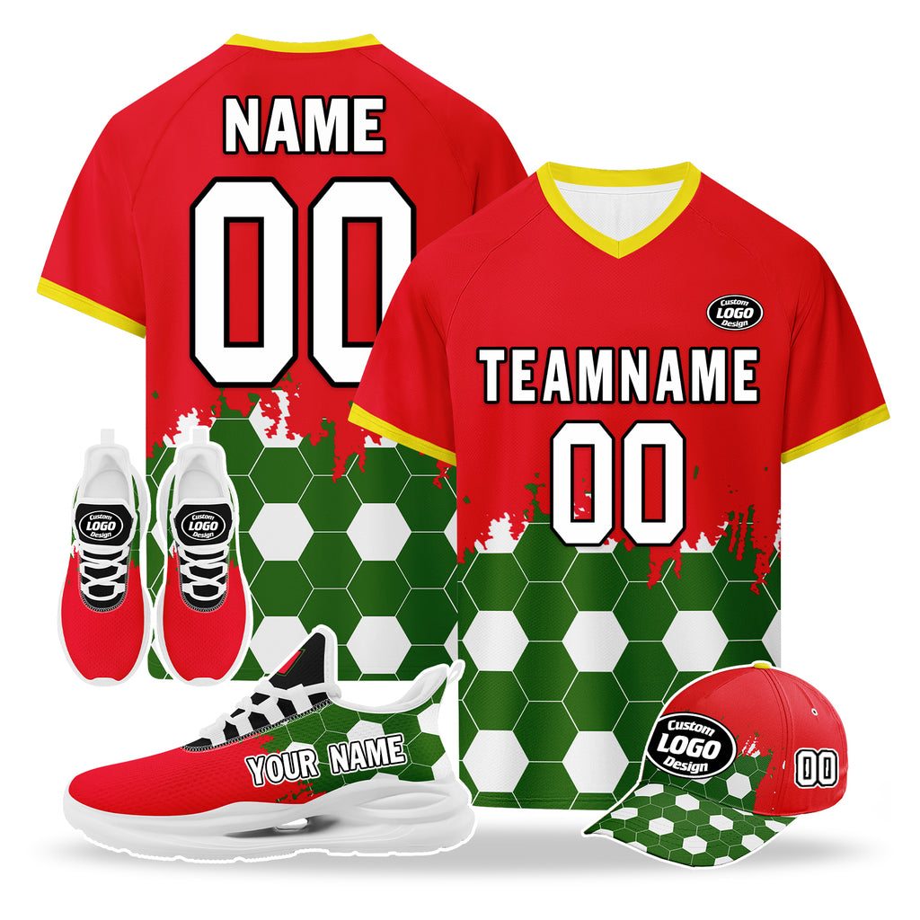Custom Portugal 2026 World Cup High Quality Soccer Stadium Version Jersey Sneakers Sports Shoes and Hat Combo Offer Personalized Team Name and Logo ZH-F028106-4