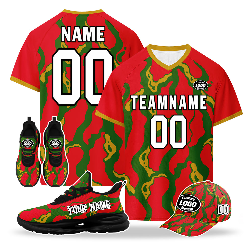 Custom Portugal 2026 World Cup High Quality Soccer Stadium Version Jersey Sneakers Sports Shoes and Hat Combo Offer Personalized Team Name and Logo ZH-F028106-6