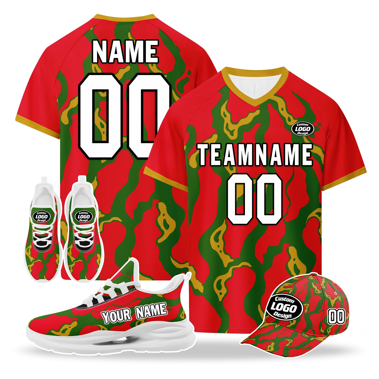 Custom Portugal 2026 World Cup High Quality Soccer Stadium Version Jersey Sneakers Sports Shoes and Hat Combo Offer Personalized Team Name and Logo ZH-F028106-6