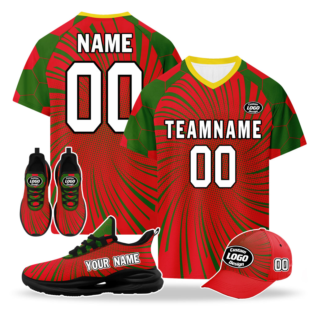 Custom Portugal 2026 World Cup High Quality Soccer Stadium Version Jersey Sneakers Sports Shoes and Hat Combo Offer Personalized Team Name and Logo ZH-F028106-7