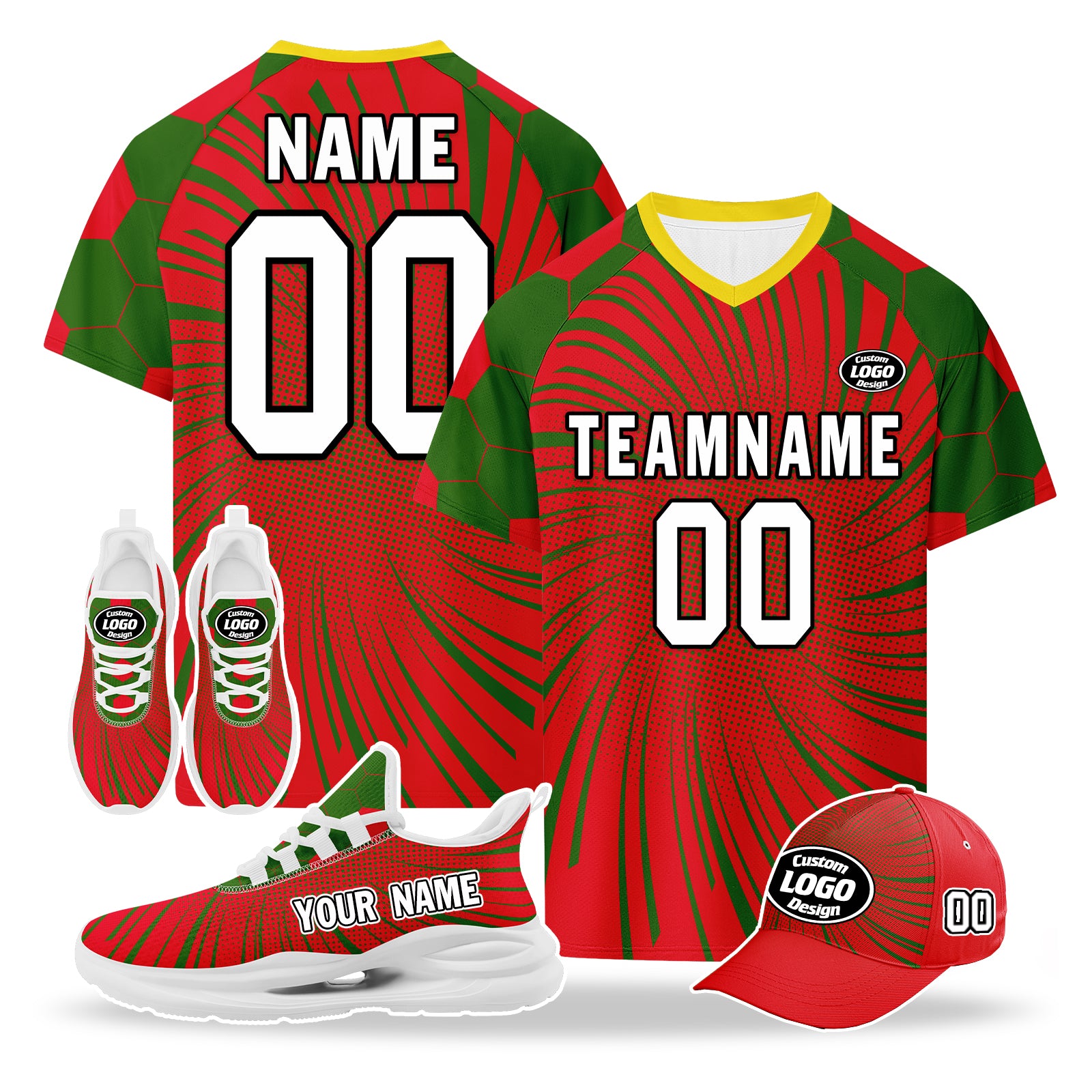Custom Portugal 2026 World Cup High Quality Soccer Stadium Version Jersey Sneakers Sports Shoes and Hat Combo Offer Personalized Team Name and Logo ZH-F028106-7