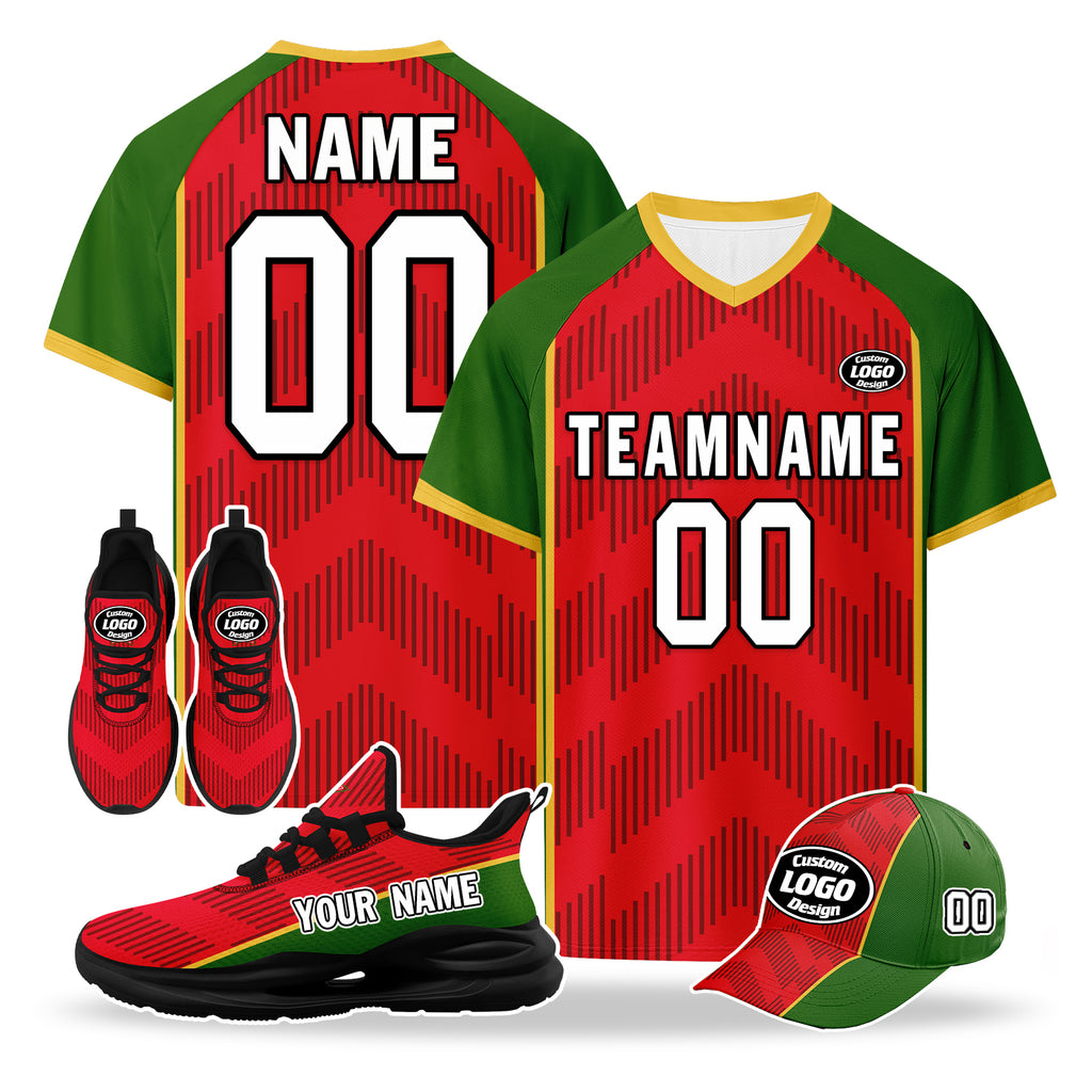 Custom Portugal 2026 World Cup High Quality Soccer Stadium Version Jersey Sneakers Sports Shoes and Hat Combo Offer Personalized Team Name and Logo ZH-F028106-9