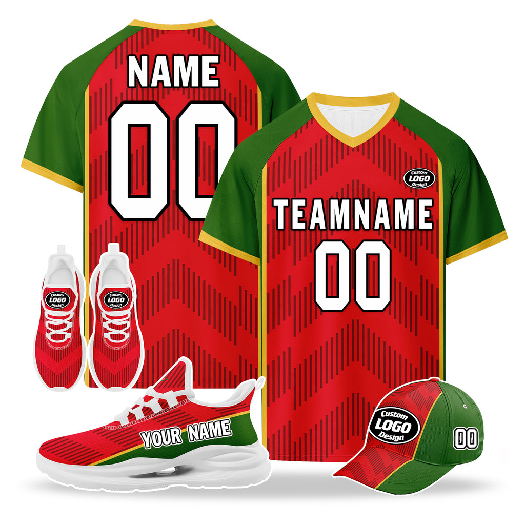 Custom Portugal 2026 World Cup High Quality Soccer Stadium Version Jersey Sneakers Sports Shoes and Hat Combo Offer Personalized Team Name and Logo ZH-F028106-9