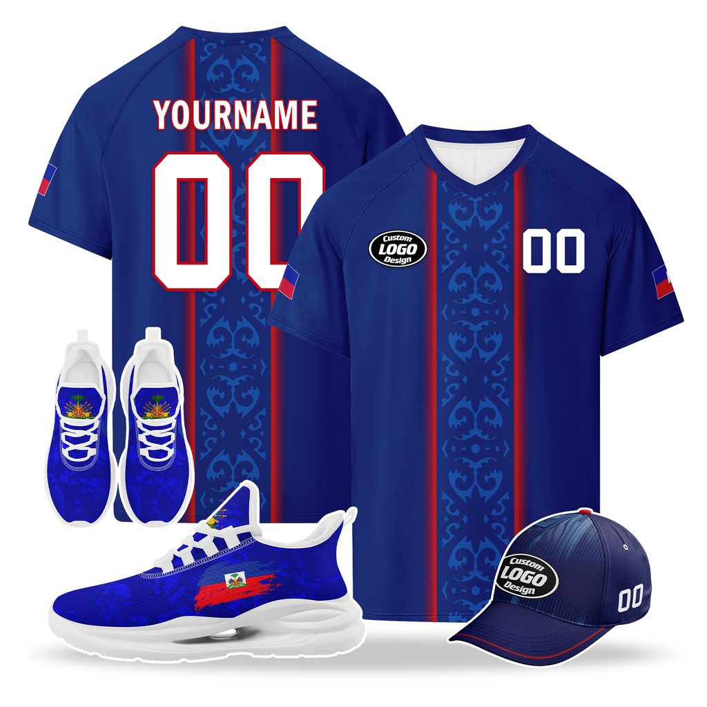 Custom Haiti 2026 World Cup High Quality Soccer Stadium Version Jersey Sneakers Sports Shoes and Hat Combo Offer Personalized Team Name and Logo ZH-F00667-4